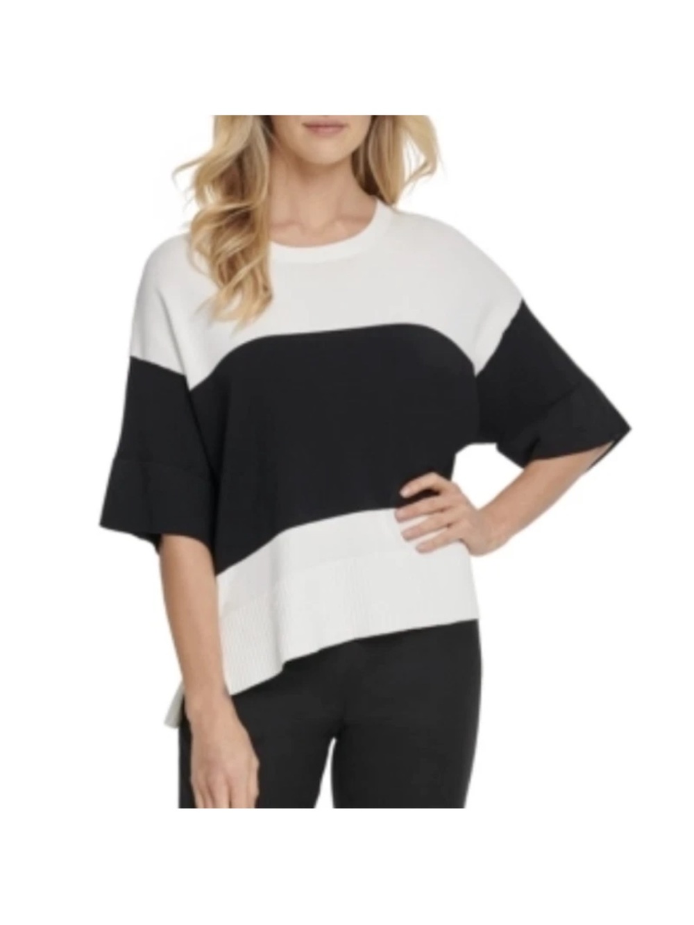 DKNY Black and White Wide Colorblock Short Sleeve Top